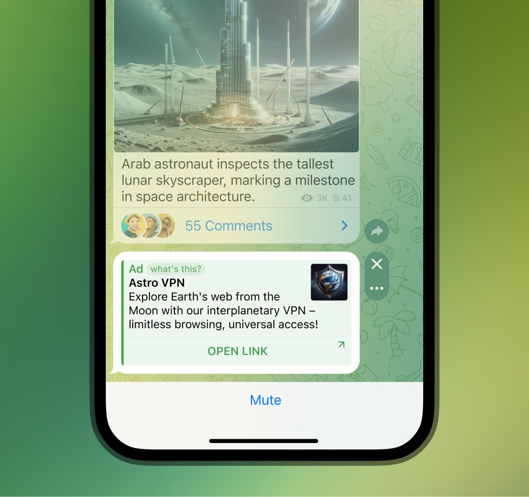 大型频道中的 Telegram 广告